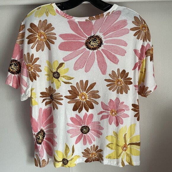 Zara Floral Top Pink Flower Tee Short Sleeve Size M White/Multi Cotton - Picture 4 of 7